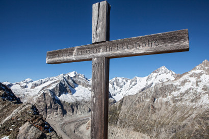 Sparrhorn - Ausblick nach Norden: Oberaletschgletscher, Torberg, Distelberg, Südliches Wysshorn, Schinhorn, Mittaghorn, Anuchnubel, Sattelhorn, Kleines Aletschhorn, Aletschhorn, Gross Fusshorn, Wallis, Schweiz, Valais, Switzerland