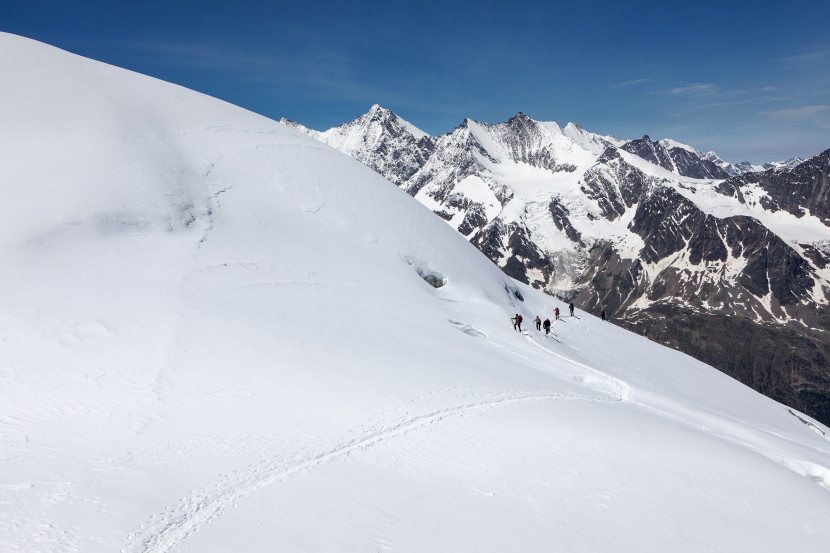 Weissmies-Westgipfel - Panorama nach Westen: Dom, Lenzspitze, Nadelhorn, Stecknadelhorn, Weisshorn, Ullrichshorn, Dürrenhorn, Gemshorn, Bishorn, Brunegghorn, Balfrin